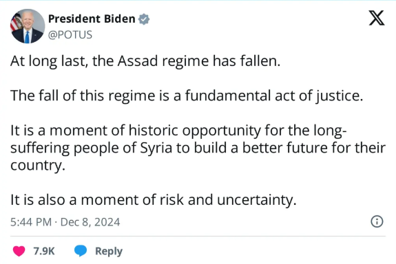 President Biden tweet about fall of Syria